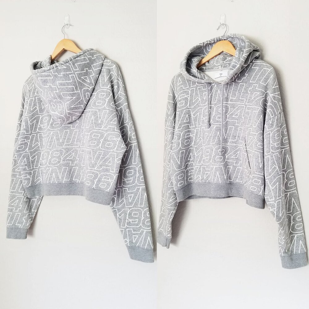 Aritzia TNA Whitecap Hoodie Sweatshirt Gray Graphic Spell Out Logo TNA 1984 M